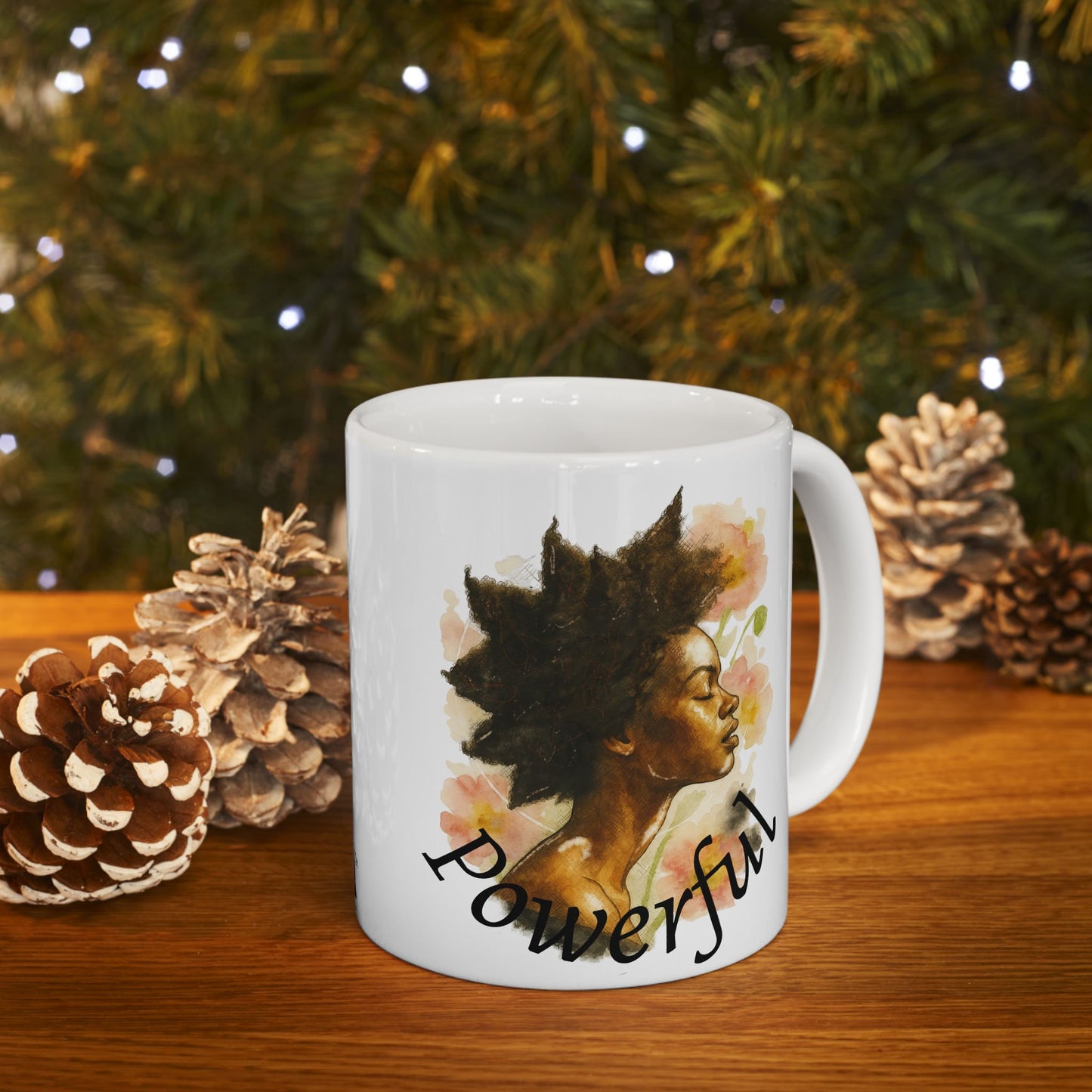 Powerful and Dynamic Black Girl Portrait Ceramic Mug | Floral Accent | Coffee Mug