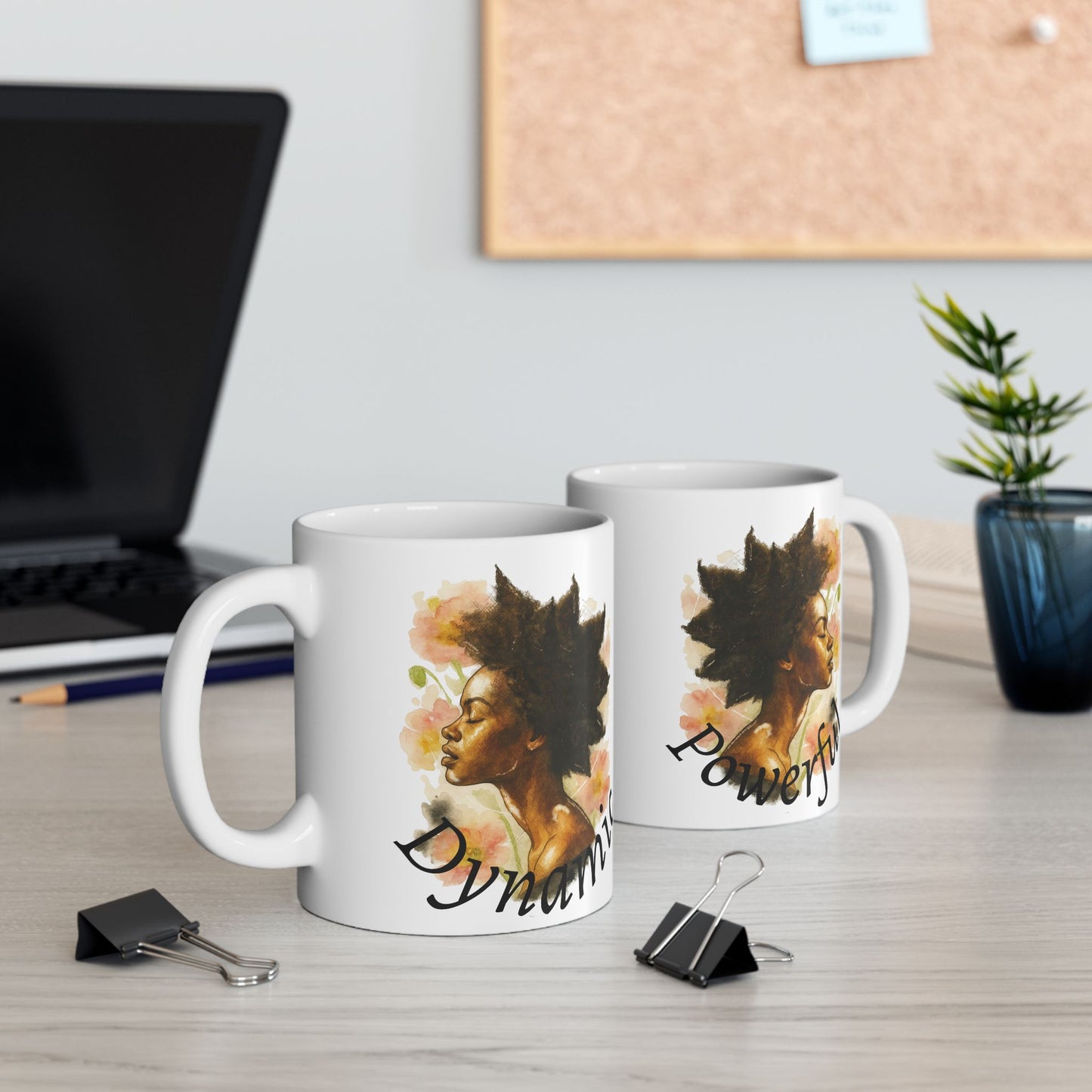 Powerful and Dynamic Black Girl Portrait Ceramic Mug | Floral Accent | Coffee Mug