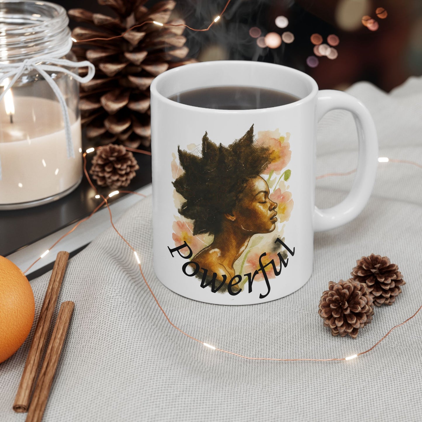 Powerful and Dynamic Black Girl Portrait Ceramic Mug | Floral Accent | Coffee Mug