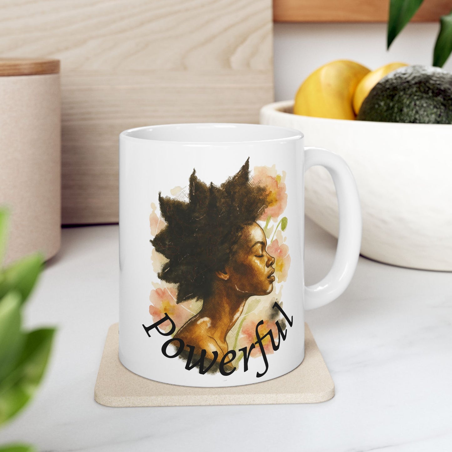 Powerful and Dynamic Black Girl Portrait Ceramic Mug | Floral Accent | Coffee Mug